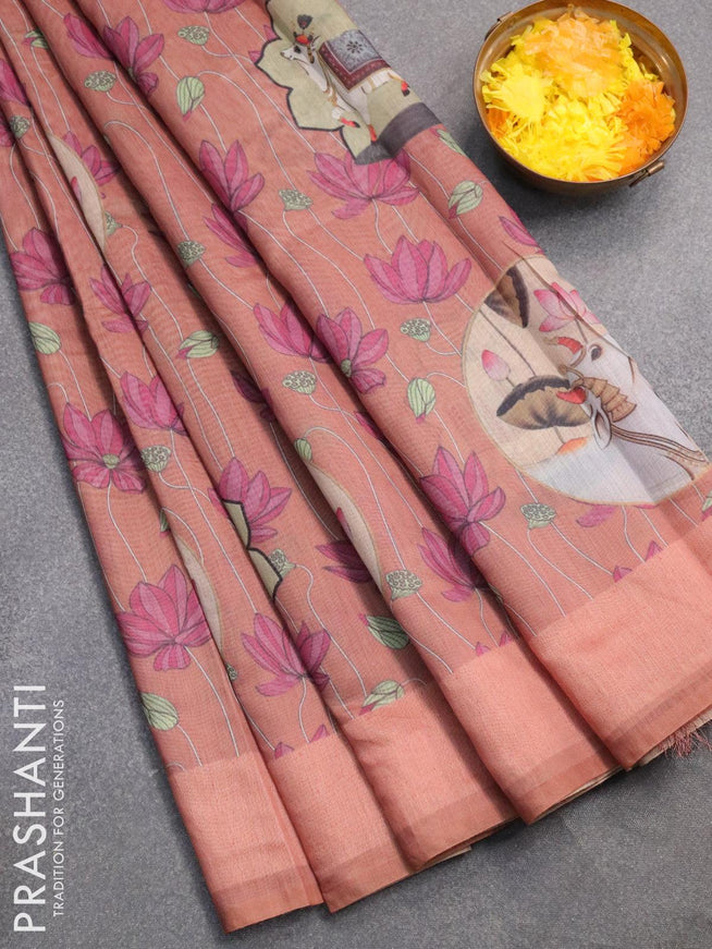 Semi chanderi saree pastel brown with allover pichwai prints and kantha stitch work semi stitched blouse - {{ collection.title }} by Prashanti Sarees
