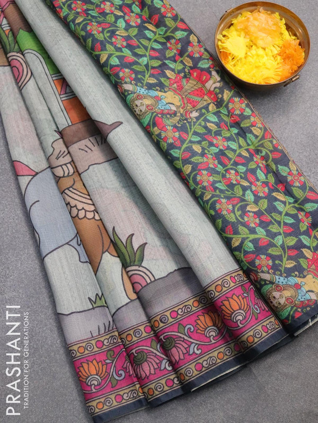 Semi chanderi saree pastel green and teal blue with allover prints and kantha stitch work semi stitched blouse - {{ collection.title }} by Prashanti Sarees