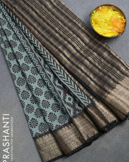 Semi chanderi saree pastel green shade and black with allover prints & zari checked pattern and zari woven border - {{ collection.title }} by Prashanti Sarees