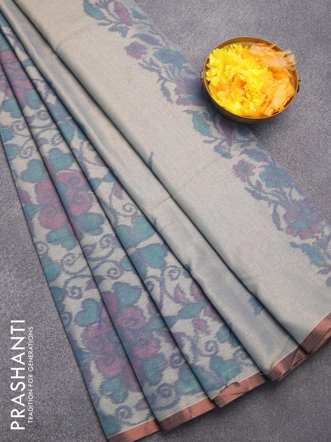 Semi chanderi saree pastel grey shade with allover ikat weaves and zari woven piping border - {{ collection.title }} by Prashanti Sarees