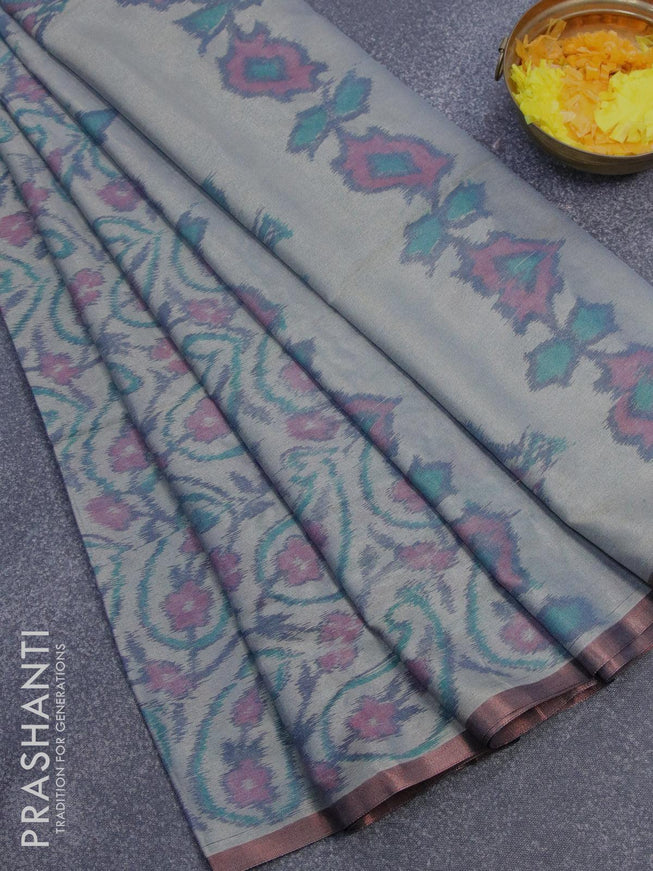 Semi chanderi saree pastel grey with allover ikat weaves and zari woven piping border - {{ collection.title }} by Prashanti Sarees