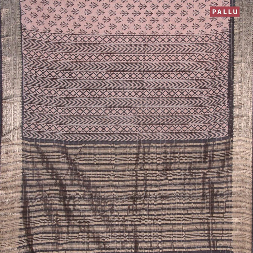 Semi chanderi saree pastel peach and black with allover prints & zari checked pattern and zari woven border - {{ collection.title }} by Prashanti Sarees