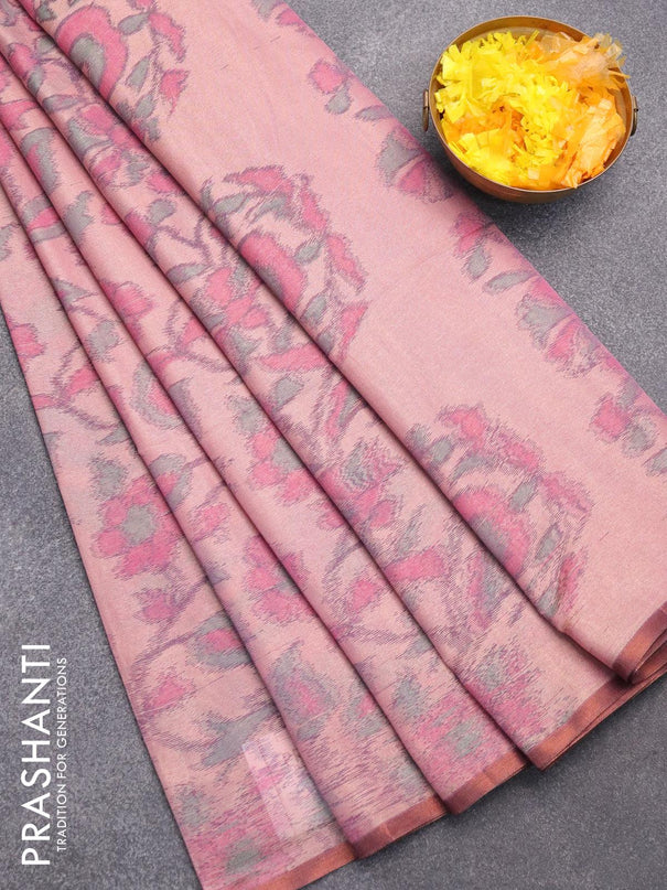 Semi chanderi saree pastel pink with allover ikat weaves and zari woven piping border - {{ collection.title }} by Prashanti Sarees