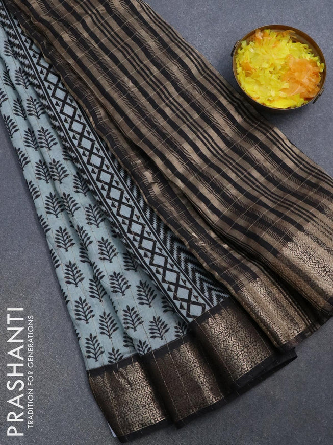 Semi chanderi saree pastel shade and black with allover prints & zari checked pattern and zari woven border - {{ collection.title }} by Prashanti Sarees