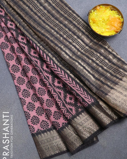 Semi chanderi saree peach pink and black with allover prints & zari checked pattern and zari woven border - {{ collection.title }} by Prashanti Sarees