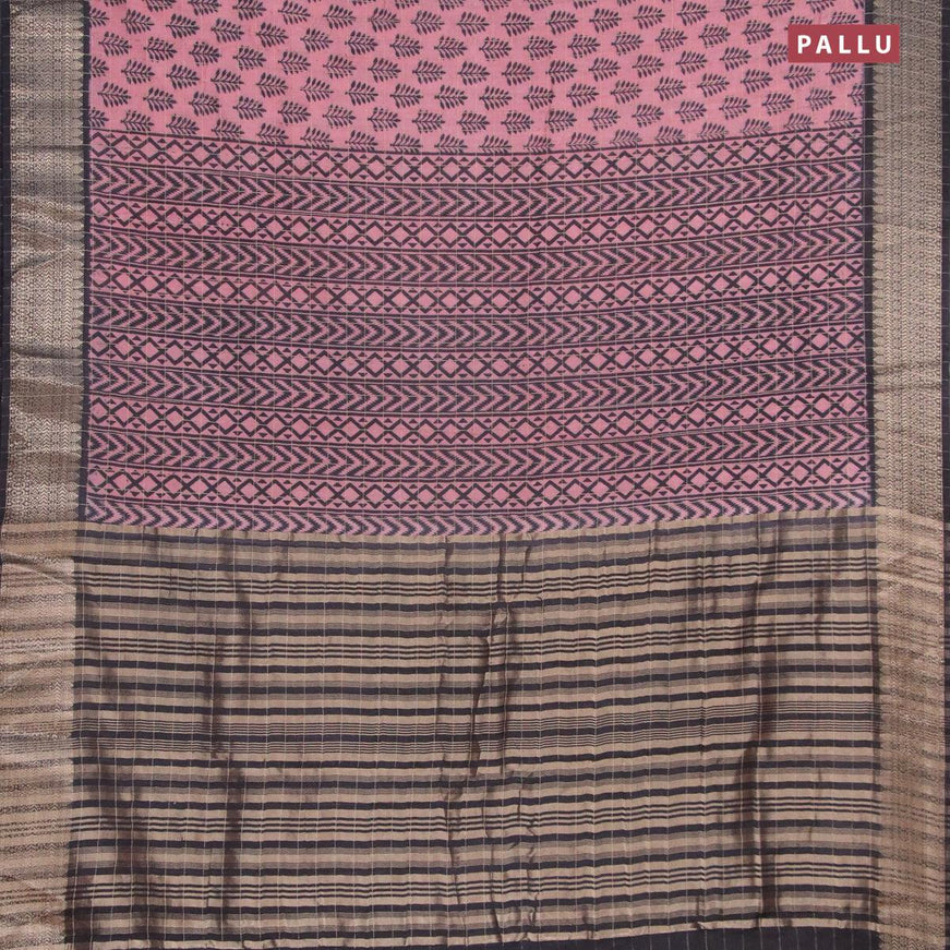 Semi chanderi saree peach pink shade and black with allover prints & zari checked pattern and zari woven border - {{ collection.title }} by Prashanti Sarees
