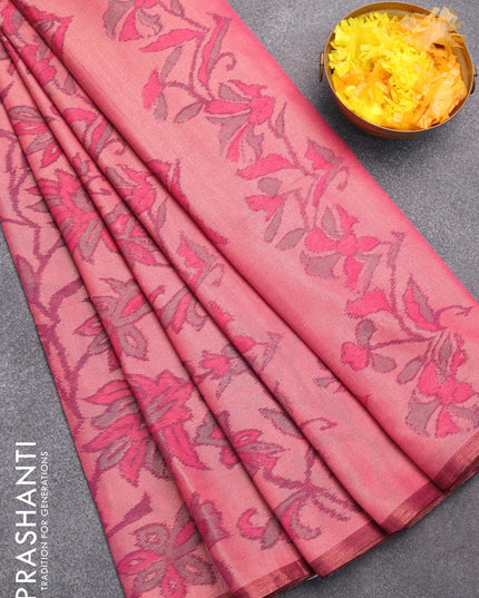 Semi chanderi saree peach pink shade with allover ikat weaves and zari woven piping border - {{ collection.title }} by Prashanti Sarees