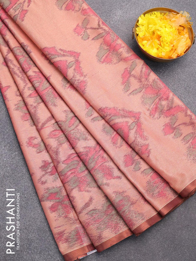 Semi chanderi saree peach shade with allover ikat weaves and zari woven piping border - {{ collection.title }} by Prashanti Sarees
