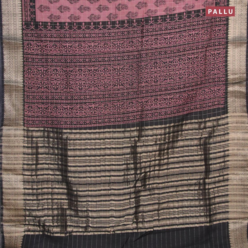 Semi chanderi saree rosy brown and black with allover paisley prints & zari checked pattern and zari woven border - {{ collection.title }} by Prashanti Sarees