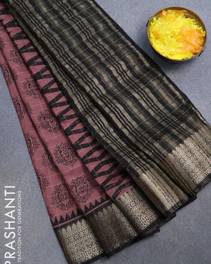 Semi chanderi saree rosy brown and black with allover prints & zari checked pattern and zari woven border - {{ collection.title }} by Prashanti Sarees