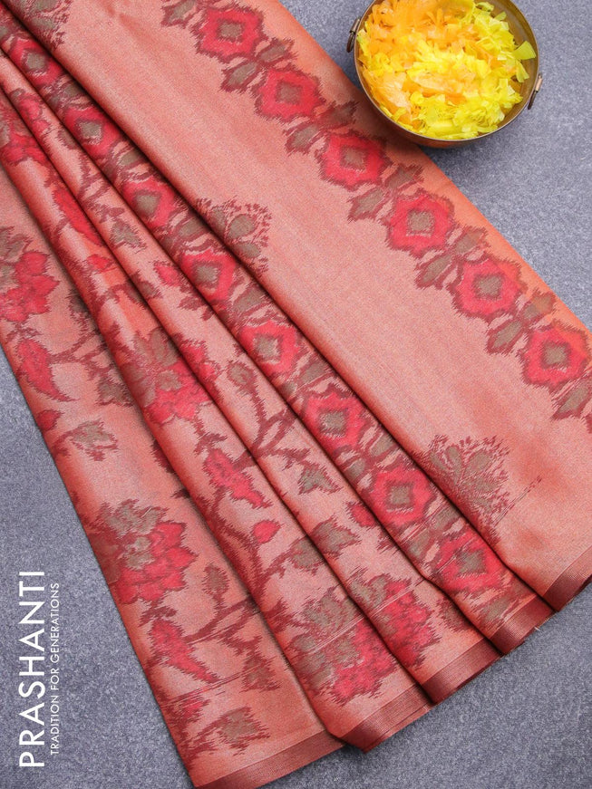 Semi chanderi saree rust shade with allover ikat weaves and zari woven piping border - {{ collection.title }} by Prashanti Sarees