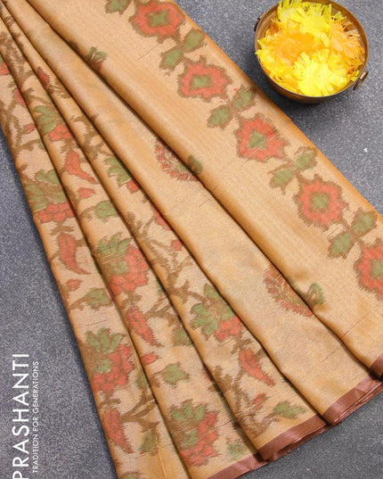 Semi chanderi saree sandal with allover ikat weaves and zari woven piping border - {{ collection.title }} by Prashanti Sarees