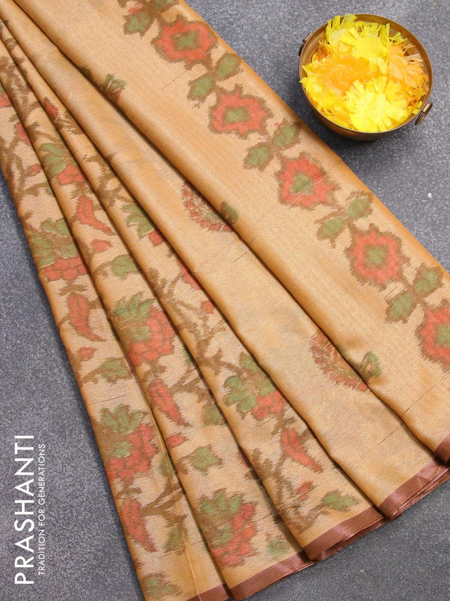 Semi chanderi saree sandal with allover ikat weaves and zari woven piping border - {{ collection.title }} by Prashanti Sarees