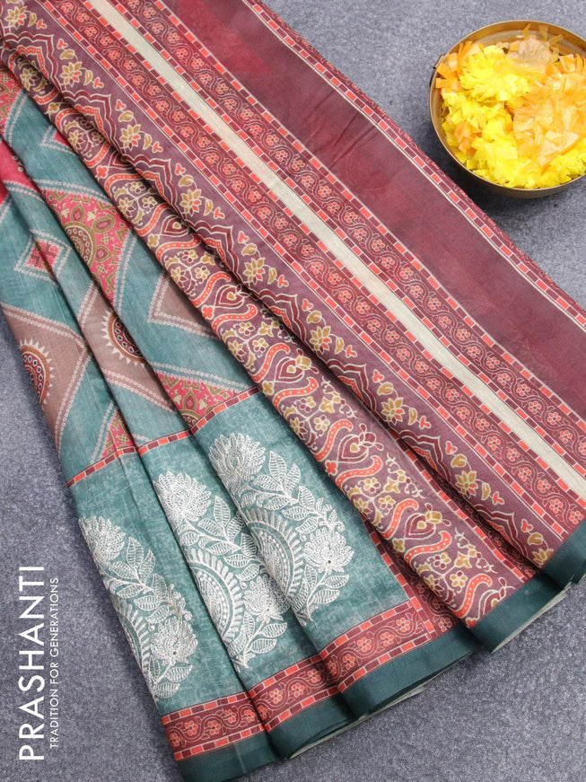 Semi chanderi saree teal green and brown with bandhani & ajrakh prints and embroidery butta border - {{ collection.title }} by Prashanti Sarees