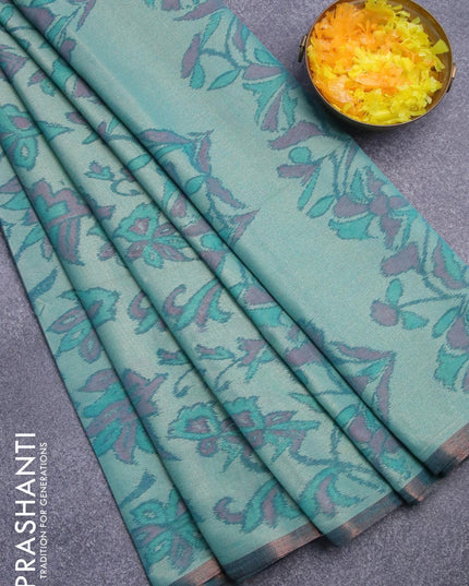 Semi chanderi saree teal green shade with allover ikat weaves and zari woven piping border - {{ collection.title }} by Prashanti Sarees