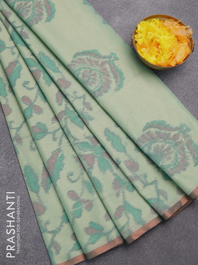 Semi chanderi saree teal shade with allover ikat weaves and zari woven piping border - {{ collection.title }} by Prashanti Sarees