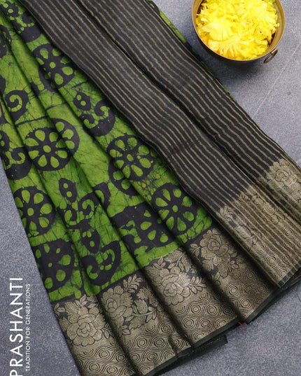 Semi dola saree black and light green with allover batik prints and kanjivaram style border - {{ collection.title }} by Prashanti Sarees