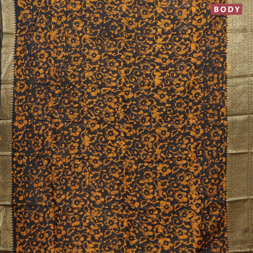 Semi dola saree black and mustard yellow with allover batik prints and kanjivaram style border - {{ collection.title }} by Prashanti Sarees