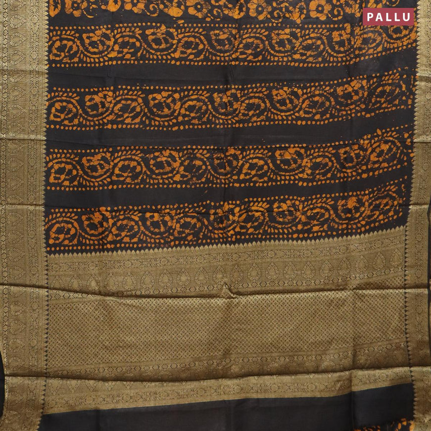 Semi dola saree black and mustard yellow with allover batik prints and kanjivaram style border - {{ collection.title }} by Prashanti Sarees