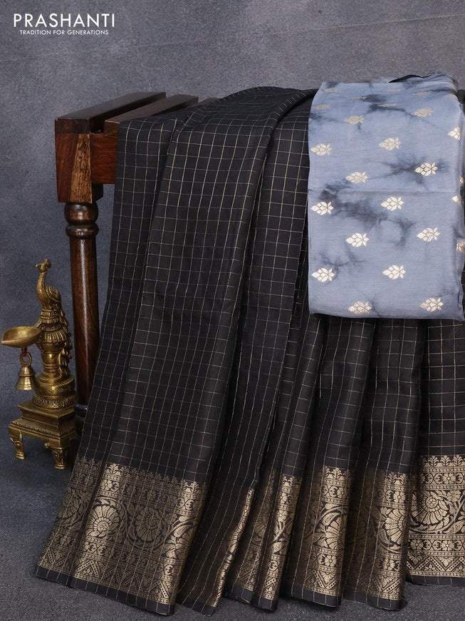 Semi dola saree black with allover zari checked pattern and floral zari woven border with tie & dye zari butta blouse - {{ collection.title }} by Prashanti Sarees