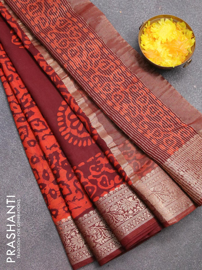 Semi dola saree coffee brown and rustic orange with allover batik prints and kanjivaram style border - {{ collection.title }} by Prashanti Sarees
