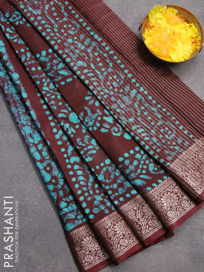Semi dola saree coffee brown and teal blue with allover batik prints and kanjivaram style border - {{ collection.title }} by Prashanti Sarees