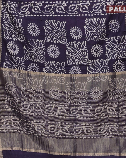 Semi dola saree dark blue and off white with allover batik prints and kanjivaram style border - {{ collection.title }} by Prashanti Sarees