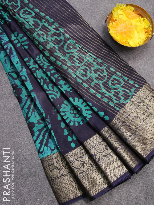 Semi dola saree dark blue and teal blue with allover batik prints and kanjivaram style border - {{ collection.title }} by Prashanti Sarees
