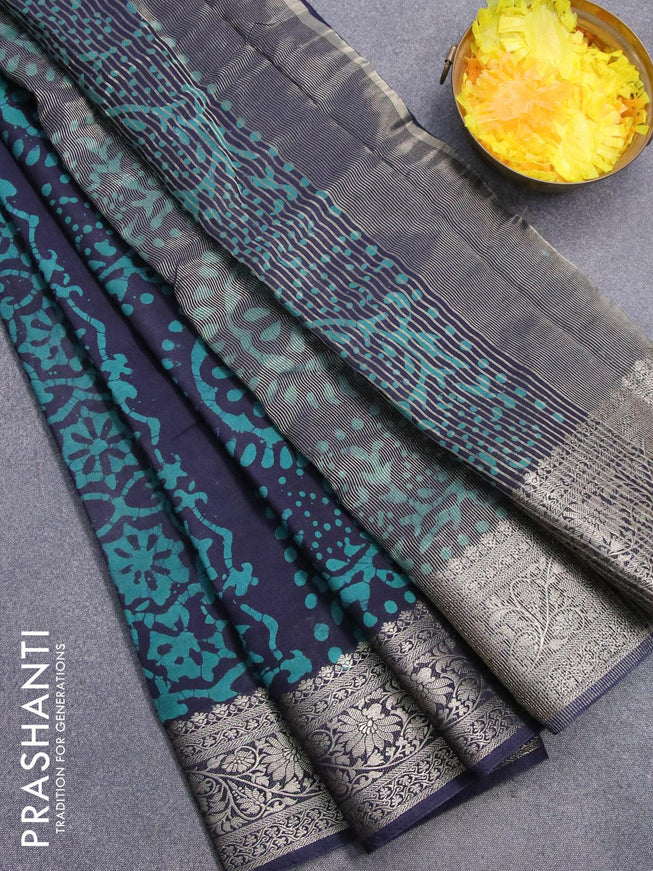 Semi dola saree dark blue and teal green shade with allover batik prints and kanjivaram style border - {{ collection.title }} by Prashanti Sarees