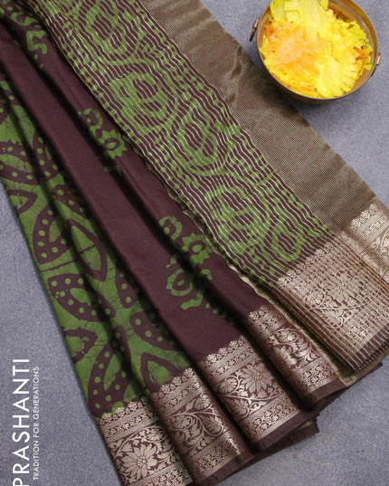 Semi dola saree deep coffee brown and green with allover batik prints and kanjivaram style border - {{ collection.title }} by Prashanti Sarees