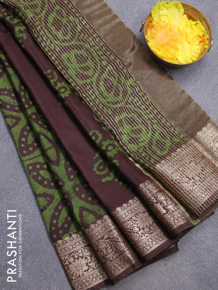 Semi dola saree deep coffee brown and green with allover batik prints and kanjivaram style border - {{ collection.title }} by Prashanti Sarees