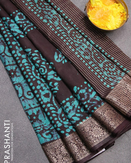 Semi dola saree deep coffee brown and teal shade with allover batik prints and kanjivaram style border - {{ collection.title }} by Prashanti Sarees