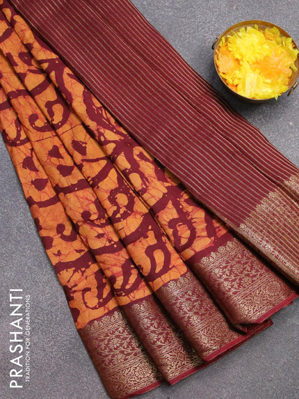 Semi dola saree deep maroon and mustard shade with allover batik prints and kanjivaram style border - {{ collection.title }} by Prashanti Sarees