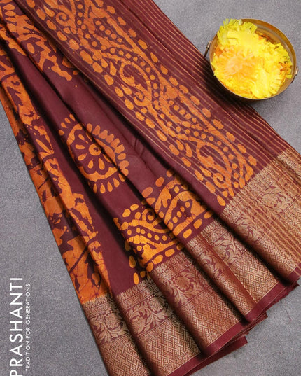 Semi dola saree deep maroon and mustard yellow with allover batik prints and kanjivaram style border - {{ collection.title }} by Prashanti Sarees