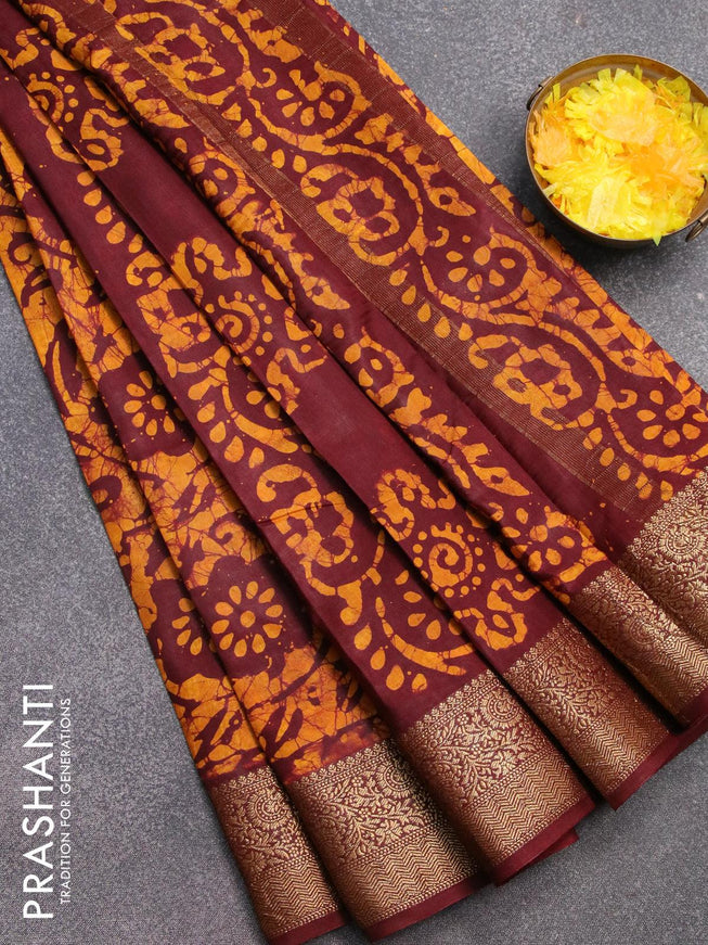 Semi dola saree deep maroon and mustard yellow with allover batik prints and kanjivaram style border - {{ collection.title }} by Prashanti Sarees