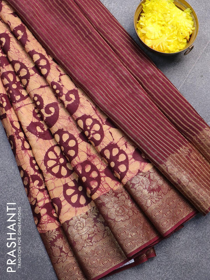 Semi dola saree deep maroon and sandal with allover batik prints and kanjivaram style border - {{ collection.title }} by Prashanti Sarees