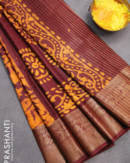 Semi dola saree deep maroon and yellow with allover batik prints and kanjivaram style border - {{ collection.title }} by Prashanti Sarees