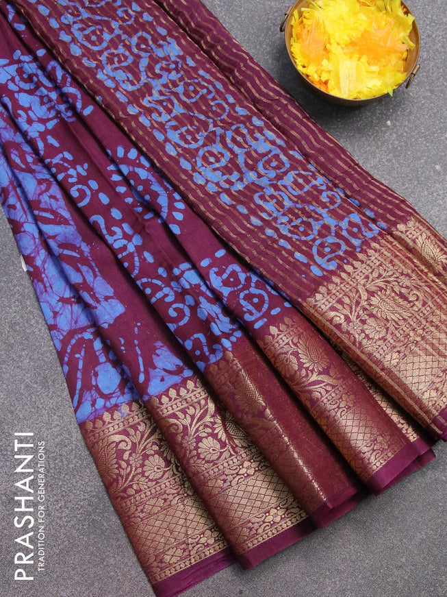 Semi dola saree deep purple and blue with allover batik prints and kanjivaram style border - {{ collection.title }} by Prashanti Sarees