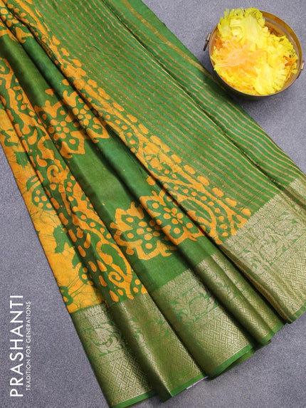 Semi dola saree green and yellow with allover batik prints and kanjivaram style border - {{ collection.title }} by Prashanti Sarees