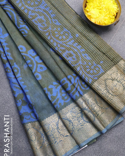 Semi dola saree greyish green and blue with allover batik prints and kanjivaram style border - {{ collection.title }} by Prashanti Sarees