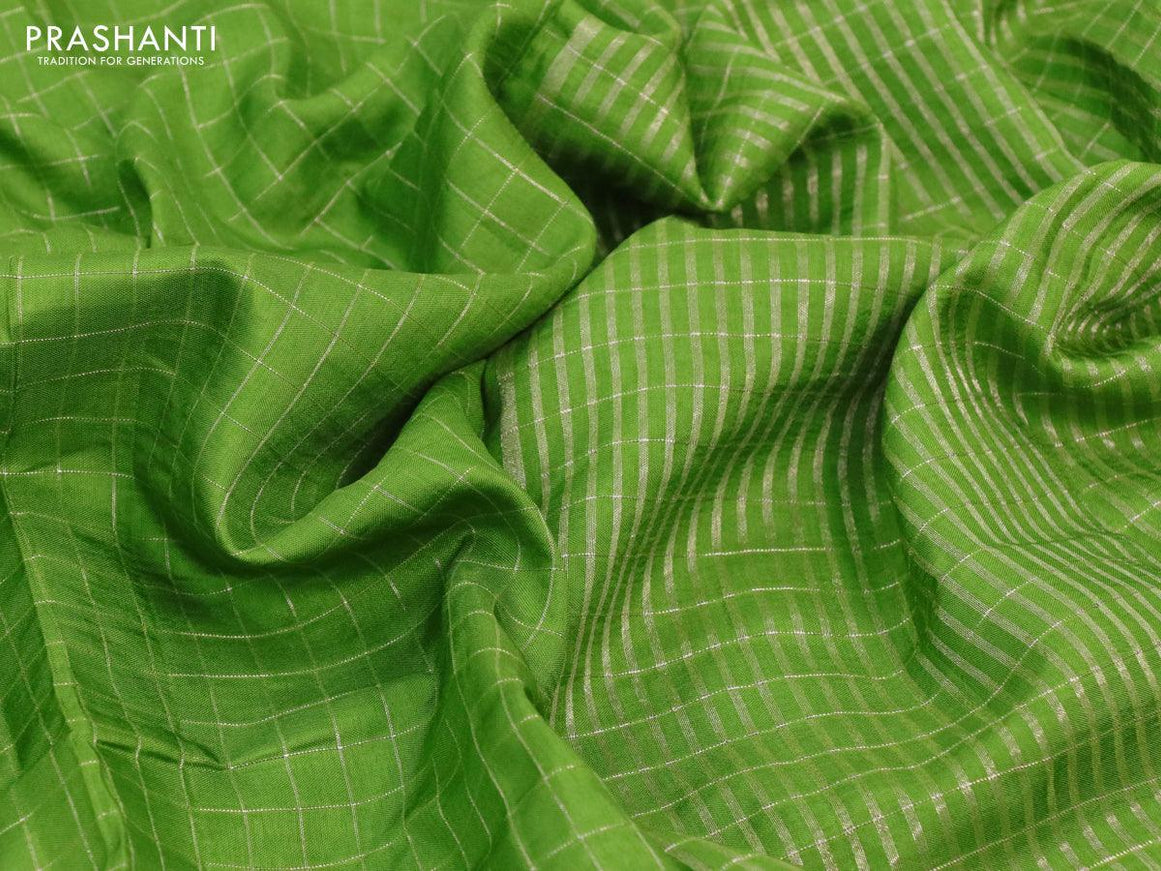 Semi dola saree light green with allover zari checked pattern and floral zari woven border with tie & dye zari butta blouse - {{ collection.title }} by Prashanti Sarees