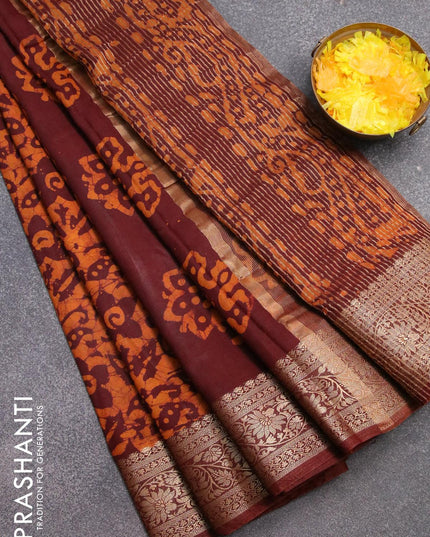 Semi dola saree maroon and mustard yellow with allover batik prints and kanjivaram style border - {{ collection.title }} by Prashanti Sarees