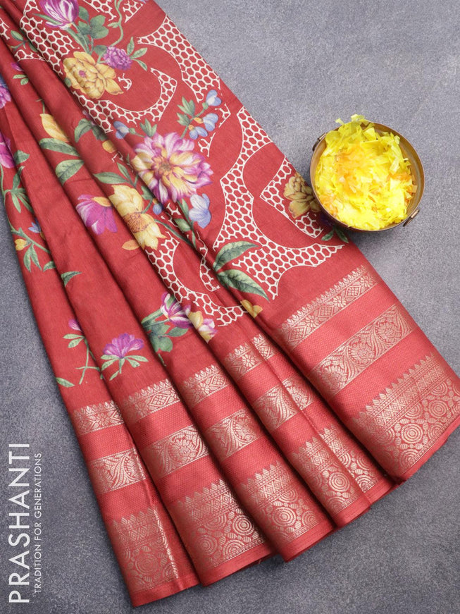 Semi dola saree maroon with allover floral prints and long zari woven border - {{ collection.title }} by Prashanti Sarees
