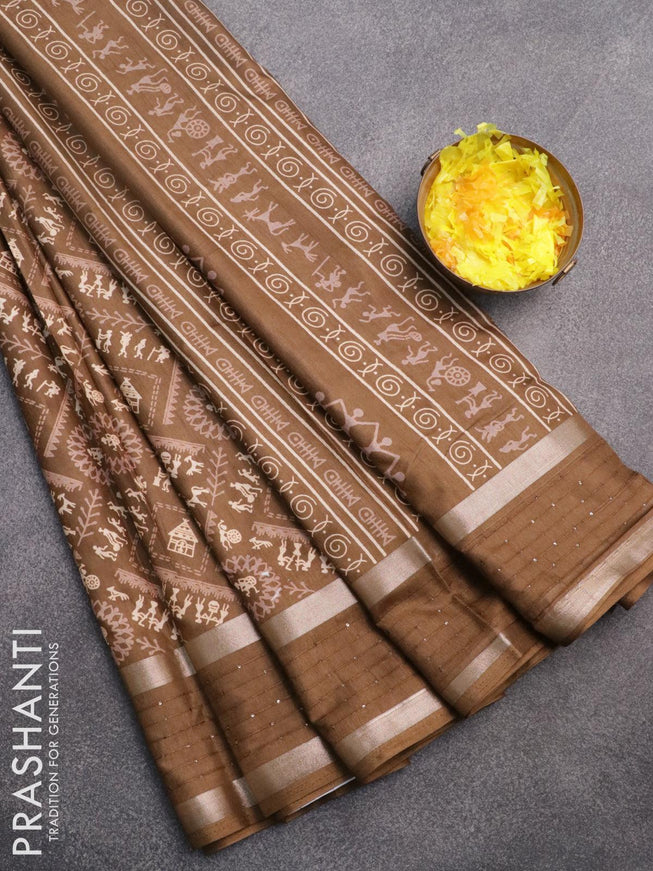Semi dola saree military green with allover warli prints and sequin work border - {{ collection.title }} by Prashanti Sarees
