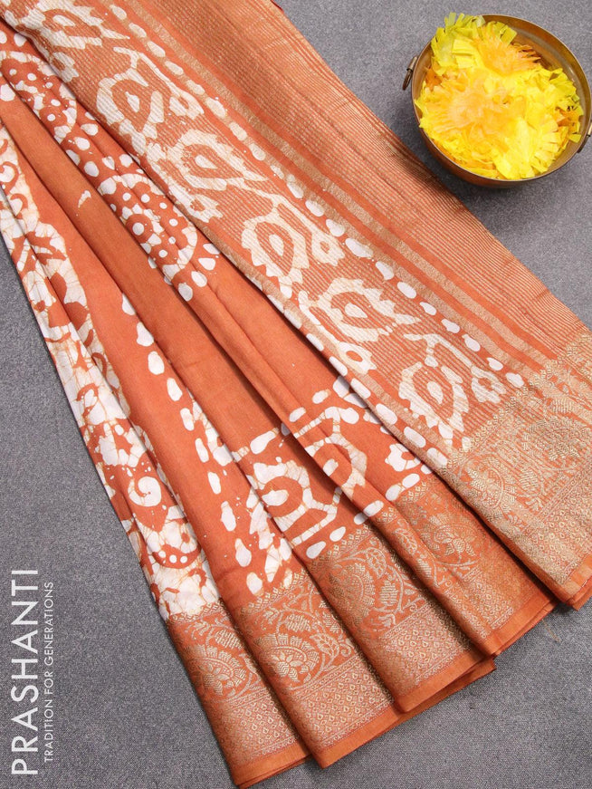 Semi dola saree mustard yellow and off white with allover batik prints and kanjivaram style border - {{ collection.title }} by Prashanti Sarees