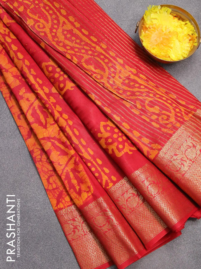 Semi dola saree red and mustard yellow with allover batik prints and kanjivaram style border - {{ collection.title }} by Prashanti Sarees