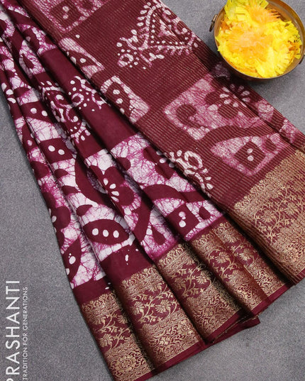 Semi dola saree wine shade and off white with allover batik prints and kanjivaram style border - {{ collection.title }} by Prashanti Sarees