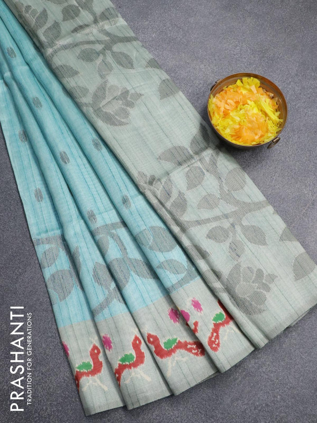 Semi jute silk saree light blue and grey shade with woven buttas and printed border - {{ collection.title }} by Prashanti Sarees