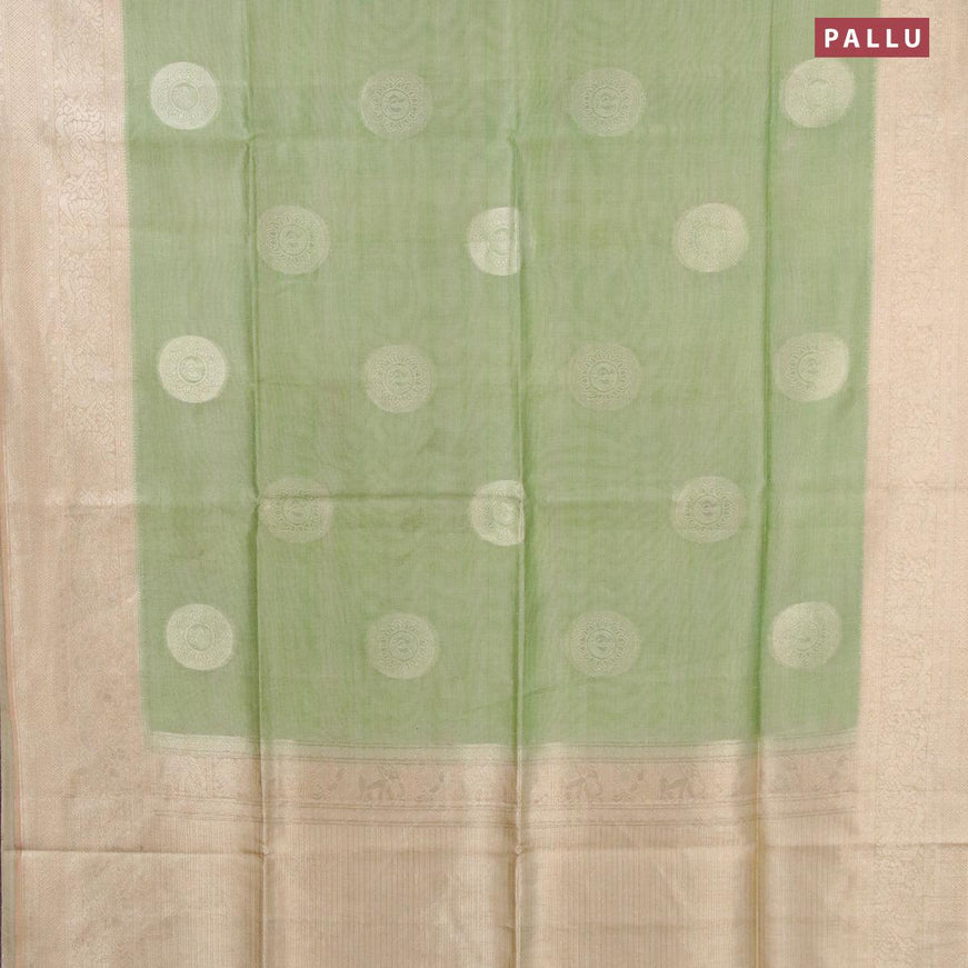 Semi jute silk saree light green and sandal with silver zari woven buttas and silver zari woven border - {{ collection.title }} by Prashanti Sarees