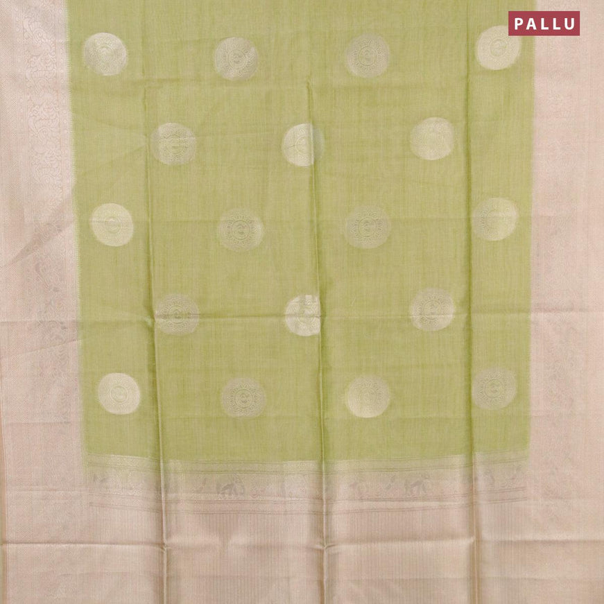 Semi jute silk saree lime green and sandal with silver zari woven buttas and silver zari woven border - {{ collection.title }} by Prashanti Sarees